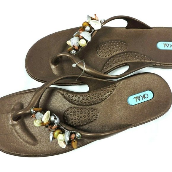 Oka B Sandals M / L Shell Brown Bronze Flip Flop - Picture 1 of 9